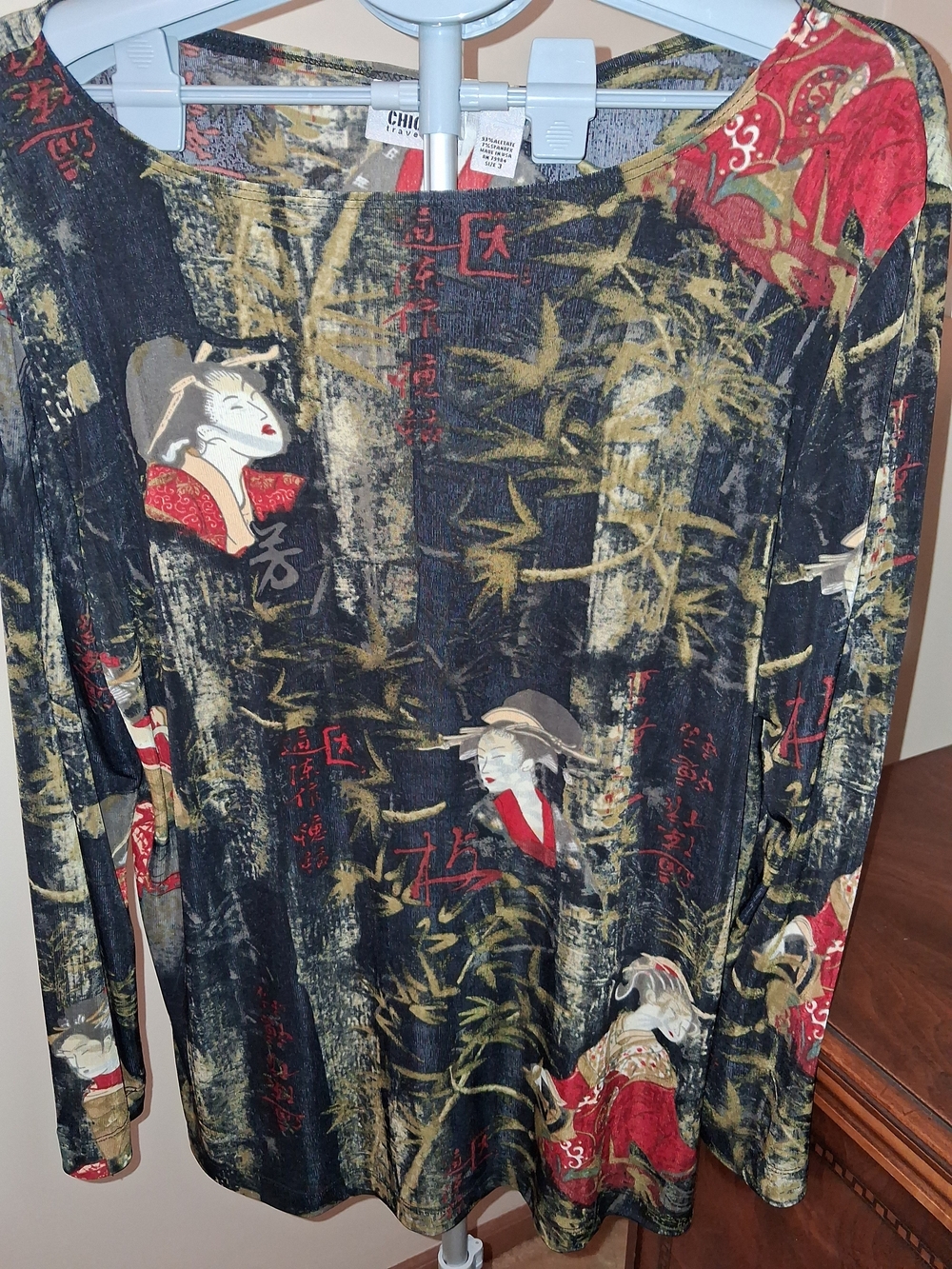 Chico's Travelers Long Sleeve Asian-inspired Tee - Black with Red & Gold Accents